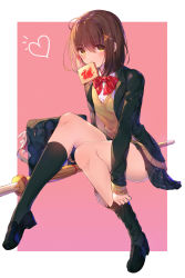 Rule 34 | 1girl, ^^^, adjusting clothes, adjusting legwear, bag, bag charm, black footwear, black jacket, black skirt, black socks, blush, bow, bowtie, bread, bread slice, breasts, brown hair, charm (object), duffel bag, ekh, food, food in mouth, full body, hair ornament, heart, highres, invisible chair, jacket, kneehighs, loafers, long sleeves, looking at viewer, marmalade, miniskirt, mouth hold, neck ribbon, open clothes, open jacket, original, pink background, plaid, plaid skirt, pleated skirt, red bow, red neckwear, ribbon, school bag, school uniform, shoes, short hair, simple background, sitting, skirt, small breasts, socks, solo, striped bow, striped bowtie, striped clothes, striped neckwear, sweater vest, sword, thighs, toast, toast in mouth, weapon, wooden sword, x hair ornament, yellow eyes
