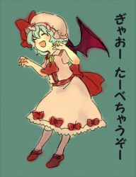 Rule 34 | 1girl, ascot, blue hair, closed eyes, dress, fang, female focus, full body, gao, hat, meeko, open mouth, remilia scarlet, simple background, solo, touhou, translation request, wings