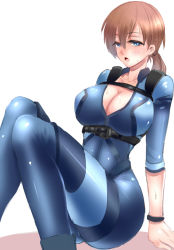 Rule 34 | 1girl, blue eyes, blush, bodysuit, breasts, brown hair, cleavage, jill valentine, large breasts, long hair, looking at viewer, nagare, open mouth, ponytail, resident evil, resident evil: revelations, simple background, white background