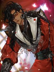Rule 34 | 1boy, black hair, blurry, blurry background, bug, butterfly, butterfly necklace, chinese clothes, earrings, eyepatch, fur trim, half updo, hanfu, highres, hua cheng, insect, jewelry, long hair, long sleeves, male focus, nak1 00, parted bangs, parted lips, red eyes, silver trim, solo, tianguan cifu, twitter username, very long hair, white butterfly, wide sleeves