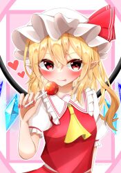 Rule 34 | 1girl, :p, bad hands, blush, breasts, candy, crystal, flandre scarlet, food, frilled shirt collar, frills, hair between eyes, hat, heart, highres, holding, holding candy, holding food, holding lollipop, kaede (kaede fs495), lollipop, long hair, looking at viewer, mob cap, nail polish, one side up, pointy ears, red nails, simple background, small breasts, solo, sparkle, tongue, tongue out, touhou, upper body, wings
