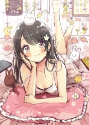 Rule 34 | 1girl, animal, bare arms, bare shoulders, barefoot, black hair, blush, rabbit, closed mouth, commentary request, crescent, dress, flower, frilled pillow, frills, grey eyes, hair flower, hair ornament, hand up, head tilt, highres, indoors, leg up, long hair, looking at viewer, lying, nail polish, on stomach, original, pillow, pink flower, red nails, sakura oriko, sleeveless, sleeveless dress, smile, soles, solo, star (symbol), the pose, white dress, white flower