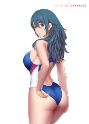 Rule 34 | 1girl, ass, back cutout, bare arms, bare shoulders, blue eyes, blue hair, blue one-piece swimsuit, breasts, byleth (female) (fire emblem), byleth (fire emblem), closed mouth, clothing cutout, competition swimsuit, cowboy shot, dakkalot, fire emblem, fire emblem: three houses, from behind, hair between eyes, large breasts, looking at viewer, looking back, nintendo, one-piece swimsuit, sideboob, simple background, smile, solo, swimsuit, white background