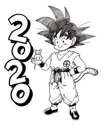 Rule 34 | 1boy, 2020, animal, animal on hand, black eyes, black footwear, black hair, chinese zodiac, clenched hand, closed mouth, clothes writing, collarbone, commentary request, dated, dougi, dragon ball, dragon ball (classic), fingernails, full body, hand on own hip, happy, highres, holding, holding animal, lee (dragon garou), looking at viewer, male focus, monochrome, mouse, mouse on hand, new year, outstretched hand, simple background, smile, solo, son goku, spiked hair, standing, white background, wristband