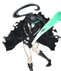 Rule 34 | 10s, 1girl, aqua eyes, black hair, black rock shooter, black rock shooter (character), boots, coat, green eyes, laio, open mouth, shorts, solo, spring onion, sword, twintails, weapon