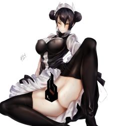 Rule 34 | 1girl, absurdres, agent (girls&#039; frontline), bad id, bad pixiv id, black hair, blush, breasts, censored, clothes lift, double bun, dress, dress lift, girls&#039; frontline, hair bun, heavy breathing, highres, large breasts, no panties, solo, yellow eyes, zer0.zer0
