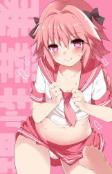 Rule 34 | 1boy, assisted exposure, astolfo (fate), astolfo (sailor paladin) (fate), black ribbon, blouse, blush, braid, braided ponytail, closed mouth, clothes lift, commentary request, fate (series), fujisaki hikari, hair intakes, hair ribbon, heart, heart-shaped pupils, highres, legs apart, long hair, looking at another, male focus, midriff, navel, official alternate costume, panties, pink eyes, pink hair, pink skirt, pink theme, pleated skirt, ribbon, school uniform, serafuku, shirt, short sleeves, simple background, single braid, skirt, skirt lift, solo focus, standing, sweat, symbol-shaped pupils, trap, underwear, wavy mouth, white panties, white shirt