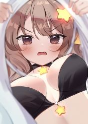 Rule 34 | 1girl, annytf, anyuu, black choker, blush, breasts, brown eyes, brown hair, choker, commentary, dress, extended upskirt, fang, from below, glowing, hair ornament, highres, indie virtual youtuber, looking at viewer, looking down, medium breasts, open mouth, solo, star (symbol), star choker, star hair ornament, upskirt, v-shaped eyebrows, virtual youtuber, wavy mouth, white dress
