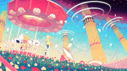 Rule 34 | 1girl, asgr, blonde hair, carousel, concentric circles, field, flower, flower field, gradient background, highres, joints, looking afar, mecha, original, petals, pillar, robot, robot joints, sky, solo, standing, surreal, wall, wind, yellow eyes
