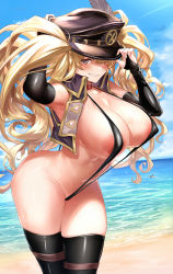 Rule 34 | 1girl, absurdres, adjusting clothes, adjusting headwear, areola slip, armpits, beach, black gloves, black one-piece swimsuit, black thighhighs, blonde hair, blue sky, blush, breasts, bridal gauntlets, brown eyes, cleavage, cropped vest, day, elbow gloves, gloves, granblue fantasy, grin, hat, hat feather, highres, huge breasts, large areolae, long hair, looking at viewer, military hat, monika weisswind, navel, ocean, one-piece swimsuit, open clothes, open vest, peaked cap, shore, sideboob, sky, slingshot swimsuit, smile, swimsuit, thighhighs, thighs, twintails, ulrich (tagaragakuin), vest, wavy hair, wet, wide hips