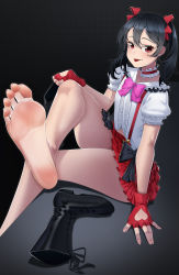 Rule 34 | 1girl, :p, absurdres, barefoot, black hair, boots, unworn boots, feet, fingerless gloves, foot focus, gloves, highres, long hair, looking at viewer, love live!, red eyes, shoes, unworn shoes, sitting, soles, toes, tongue, tongue out, twintails, yazawa nico