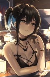 Rule 34 | 1girl, absurdres, ahoge, artist name, bikini, black bikini, black bow, black choker, black hair, black nails, blue hair, blurry, blurry background, blush, bow, breasts, brown eyes, choker, colored inner hair, commentary, cross, cross earrings, earrings, english commentary, hair between eyes, hair bow, halterneck, highres, irene (kanniiepan), jewelry, kanniiepan, lantern, looking at viewer, medium breasts, medium hair, mole, mole on breast, mole under eye, multicolored hair, multiple rings, nail polish, necklace, onsen, original, parted lips, partially submerged, ponytail, ring, sidelocks, solo, swimsuit, two-tone hair, upper body, water, wet, wet hair