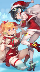 Rule 34 | 2022, 2girls, ankle boots, artist name, black hair, blonde hair, blue hair, boots, bow, braid, breasts, capelet, christmas, cleavage, cleavage cutout, clothing cutout, colored inner hair, commentary, cropped jacket, detached sleeves, dress, english commentary, english text, footwear bow, fur-trimmed capelet, fur-trimmed dress, fur-trimmed footwear, fur-trimmed gloves, fur-trimmed jacket, fur-trimmed sleeves, fur trim, gloves, green bow, hair ornament, hair ribbon, hairclip, happy holidays, hat, high heel boots, high heels, highres, holding, holding sack, hood, hood down, hooded capelet, jacket, leaning forward, looking at viewer, looking back, medium breasts, medium hair, microdress, mitake eil, multicolored hair, multiple girls, on one knee, open mouth, original, over shoulder, pantyhose, purple eyes, red bow, red capelet, red dress, red footwear, red gloves, red headwear, red jacket, red ribbon, red sleeves, ribbon, sack, salute, santa boots, santa dress, santa hat, short hair, side braid, signature, sleeveless, sleeveless jacket, smile, snowflakes, standing, standing on one leg, star ornament, thigh strap, two-tone bow, two-tone hair, white hair, white pantyhose, yellow eyes