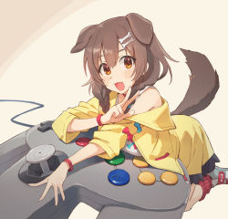 Rule 34 | 1girl, :d, animal ears, bare shoulders, blush, bone hair ornament, braid, breasts, brown background, brown eyes, brown hair, cartoon bone, commentary, controller, dog ears, dog girl, dog tail, dress, game controller, grey footwear, hair between eyes, hair ornament, hair over shoulder, highres, hololive, inugami korone, inugami korone (1st costume), jacket, long hair, long sleeves, looking at viewer, medium breasts, nintendo 64 controller, off shoulder, open clothes, open jacket, open mouth, red socks, ribbed legwear, shoes, sleeveless, sleeveless dress, smile, socks, solo, tail, tugo, twin braids, virtual youtuber, w, white dress, yellow jacket