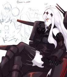 Rule 34 | 10s, 2girls, abyssal ship, aircraft carrier oni, aircraft carrier water oni, armor, armored boots, black footwear, black legwear, boots, detached sleeves, dress, from side, kantai collection, knee boots, crossed legs, long hair, maruki (punchiki), multiple girls, pale skin, profile, sailor dress, short dress, solo focus, sweatdrop, thighhighs, turtleneck, twitter username, white hair, zettai ryouiki