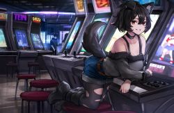 Rule 34 | 1girl, absurdres, animal ears, arcade, bare shoulders, belt, bent over, black choker, black footwear, black hair, black pantyhose, blue shorts, boots, breasts, choker, collarbone, commission, denim, denim shorts, dog ears, dog girl, dog tail, grey sweater, grin, hair between eyes, highres, long sleeves, looking at viewer, medium breasts, neonbeat, off-shoulder sweater, off shoulder, original, pantyhose, ponytail, red eyes, short hair, short shorts, shorts, slit pupils, smile, solo, stool, sweater, tail, tail raised, torn clothes, torn pantyhose
