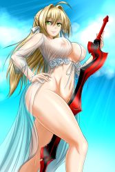 Rule 34 | 1girl, aestus estus, ahoge, blonde hair, breasts, covered erect nipples, fate/grand order, fate (series), green eyes, hair down, hair intakes, hair ribbon, hand on own hip, highres, large breasts, long hair, naked robe, nero claudius (fate), nero claudius (fate) (all), nero claudius (swimsuit caster) (fate), nero claudius (swimsuit caster) (third ascension) (fate), ribbon, robe, see-through, smile, solo, sunset, sword, weapon, white ribbon, zantyarz