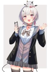 Rule 34 | 1girl, asumi sena, black choker, black jacket, black skirt, blush, cellphone, choker, commentary request, cross hair ornament, ear piercing, fang, grey hair, hair ornament, highres, hkgskd, holding, holding phone, jacket, jewelry, long sleeves, looking at viewer, multicolored hair, multiple tails, open clothes, open jacket, open mouth, phone, piercing, pink eyes, pink hair, pleated skirt, shirt, short hair, skirt, smartphone, solo, streaked hair, tail, two tails, upper body, virtual youtuber, vspo!, white shirt