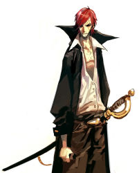 Rule 34 | 1boy, black jacket, facial hair, frown, jacket, male focus, one piece, open collar, pirate, red hair, scar, shanks (one piece), sheath, sheathed, shirt, simple background, solo, standing, stubble, sword, weapon, white background, white shirt