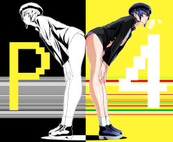 Rule 34 | 1girl, atlus, bent over, blue hair, breasts, cabbie hat, hat, highres, jacket, legs, no pants, open clothes, open shirt, persona, persona 4, shino (comic penguin club), shirogane naoto, shirt, shoes, short hair, small breasts, socks, symmetry