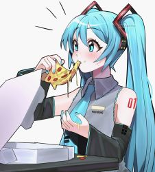 Rule 34 | 1girl, absurdres, aqua eyes, aqua hair, aqua nails, aqua necktie, arm tattoo, artist name, blush, cheese, cheese trail, commentary, detached sleeves, dripping, eating, english commentary, fingernails, food, food on face, hatsune miku, headphones, highres, holding, holding food, holding pizza, kumaartsu, long hair, messy, nail polish, necktie, pepperoni, pizza, pizza box, pizza slice, solo, sweatdrop, tattoo, twintails, upper body, very long hair, vocaloid, wide sleeves