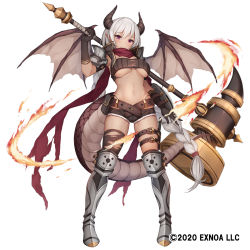 Rule 34 | 1girl, arm up, armor, armored boots, armpits, bandeau, belt, belt pouch, black gloves, black shorts, black thighhighs, boots, braid, breasts, cleavage, crop top, cutoffs, dragon girl, dragon horns, dragon tail, dragon wings, fire, fortress girl, full body, gloves, grey hair, highleg, highleg panties, highres, holding, holding mallet, holding weapon, horns, knee boots, large breasts, leg belt, long hair, looking at viewer, mallet, micro shorts, midriff, navel, official art, panties, pauldrons, pink eyes, pointy ears, pouch, scarf, shield, shorts, shoulder armor, simple background, single braid, single thighhigh, skindentation, smile, solo, standing, stomach, string panties, tachi-e, tail, thigh strap, thighhighs, thighs, torn clothes, torn thighhighs, underboob, underwear, very long hair, vest, watermark, weapon, white background, wings, xe (execut3r)