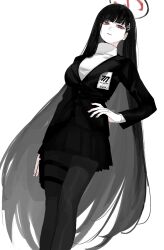 Rule 34 | 1girl, black hair, black pantyhose, black skirt, blazer, blue archive, breasts, bright pupils, formal, halo, hand on own hip, highres, id card, jacket, kawatiw, large breasts, long hair, long sleeves, looking at viewer, pale skin, pantyhose, parted lips, red eyes, revision, rio (blue archive), simple background, skirt, skirt suit, solo, suit, sweater, turtleneck, turtleneck sweater, very long hair, white background, white pupils, white sweater