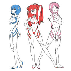 Rule 34 | 3girls, arm up, ass, ayanami rei, blue hair, bodysuit, breasts, bright pupils, color connection, commentary, covered navel, evangelion: 3.0+1.0 thrice upon a time, hair between eyes, hair ornament, hair over one eye, hairband, hand in own hair, highres, interface headset, kneeling, long hair, looking at viewer, low twintails, makinami mari illustrious, medium breasts, multiple girls, neon genesis evangelion, one eye closed, orange hair, pilot suit, pink hair, plugsuit, rebuild of evangelion, red-framed eyewear, sasihmi, short hair, simple background, smile, souryuu asuka langley, standing, twintails, v, white background, white bodysuit, white pupils, wide hips, wink