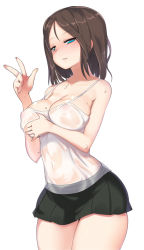 Rule 34 | 1girl, black hair, blush, breasts, commentary request, covered erect nipples, girls und panzer, highres, large breasts, looking at viewer, mamo williams, miniskirt, nipples, nonna (girls und panzer), see-through, short hair, simple background, skirt, solo, v, w, wet, wet clothes, white background