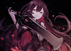 Rule 34 | 1girl, arcaea, bad id, bad pixiv id, bare shoulders, black background, black dress, black hair, blood, blood splatter, bracelet, clothing cutout, commentary, dress, hair between eyes, highres, holding, holding sword, holding weapon, jewelry, long sleeves, mir (arcaea), miyu (miy u1308), multicolored hair, parted lips, red eyes, red hair, shoulder cutout, simple background, smirk, solo, sword, two-tone hair, upper body, weapon