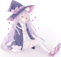 Rule 34 | 1girl, :o, absurdres, black hat, black jacket, blush, bow, brown bow, center frills, commentary, dress, frilled jacket, frills, full body, gem, grey eyes, grey hair, hair between eyes, hat, hat bow, highres, jacket, long hair, long sleeves, looking at viewer, on head, open clothes, open jacket, original, parted lips, purple footwear, shoe soles, shoes, sitting, sleeves past fingers, sleeves past wrists, solo, symbol-only commentary, thighhighs, tsukiyo (skymint), twintails, very long hair, white background, white dress, white thighhighs, witch hat