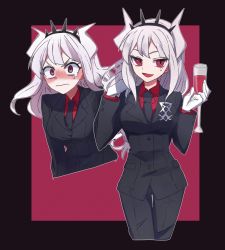 Rule 34 | 1boy, 1girl, black border, black jacket, black neckwear, black pants, blazer, blush, border, closed mouth, commentary, cropped legs, cropped torso, cup, demon girl, demon horns, dress shirt, drinking glass, emblem, formal, frown, gloves, hand in own hair, headgear, helltaker, highres, holding, holding cup, horns, jacket, long hair, looking at viewer, lucifer (helltaker), mole, mole under eye, multiple views, nanashiba (banntlla), necktie, open mouth, outside border, pant suit, pants, red eyes, red shirt, shirt, smile, standing, suit, tearing up, v-shaped eyebrows, white gloves, white hair, white horns, wine glass, wing collar