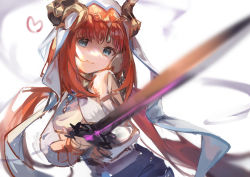 Rule 34 | 1girl, absurdres, blurry, blurry background, blurry foreground, breasts, gem, genshin impact, harem outfit, highres, holding, holding sword, holding weapon, hood, hood up, horns, jewelry, long hair, long sleeves, looking at viewer, low twintails, medium breasts, nilou (genshin impact), red hair, sketch, smile, solo, sword, teeth, twintails, upper body, veil, weapon, yu hydra