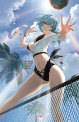 Rule 34 | 1girl, absurdres, alternate costume, artist name, ball, bare legs, bare shoulders, beach volleyball, bikini, black bikini, blue hair, breasts, clenched teeth, commentary, cropped jacket, english commentary, eula (genshin impact), feet out of frame, from below, genshin impact, gluteal fold, hairband, highres, jacket, jewelry, jumping, large breasts, lens flare, long hair, looking at viewer, mole, mole on stomach, mole on thigh, mouth hold, navel, nikusenpai, off shoulder, open clothes, open jacket, palm tree, parted lips, red eyes, ring, short sleeves, solo, sun, sunlight, swimsuit, teeth, tree, twitter logo, v-shaped eyebrows, volleyball net, white hairband, white jacket, wristband
