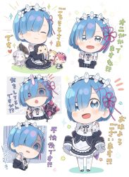Rule 34 | :d, :o, ^ ^, apron, beatrice (re:zero), black dress, black footwear, black ribbon, black sleeves, blue eyes, blue hair, blush, chain, character doll, closed eyes, closed mouth, commentary request, detached sleeves, dress, emilia (re:zero), eyebrows hidden by hair, closed eyes, female focus, flail, glowing, glowing eye, hair ornament, hair over one eye, hair ribbon, hairclip, highres, juliet sleeves, long sleeves, matching hair/eyes, multiple views, natsuki subaru, neck ribbon, open mouth, pantyhose, parted lips, pink ribbon, puffy sleeves, ram (re:zero), re:zero kara hajimeru isekai seikatsu, rem (re:zero), ribbon, ribbon-trimmed sleeves, ribbon trim, shaded face, shoes, skirt hold, sleeveless, sleeveless dress, smile, sparkle, spikes, standing, tears, totatokeke, translation request, waist apron, weapon, white apron, white legwear, wide sleeves, x hair ornament