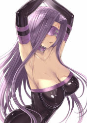 Rule 34 | 1girl, armpits, arms up, bare shoulders, black dress, blindfold, breasts, cleavage, collar, detached sleeves, dress, facial mark, fate/stay night, fate (series), forehead, forehead mark, hakaba (dairiseki), highres, large breasts, long hair, medusa (fate), medusa (rider) (fate), parted bangs, parted lips, purple hair, short dress, sidelocks, solo, sweat, very long hair