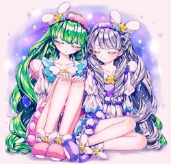 Rule 34 | 2girls, ao (ao0 0nemu), bad id, bad twitter id, closed eyes, closed mouth, commentary request, falulu, full body, green hair, grey hair, hairband, hands on own knees, highres, knees up, leaning on person, long hair, multiple girls, pajamas, pink footwear, pink hairband, pretty series, pripara, purple footwear, purple hairband, shikyoin hibiki, sitting, sleeping, sleeping upright, slippers, smile, star (symbol), very long hair