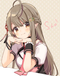 Rule 34 | 1girl, ahoge, brown background, brown eyes, brown hair, character name, commentary request, female focus, hair ornament, head rest, highres, indie virtual youtuber, kusunoki shio, light blush, long hair, looking at viewer, necktie, pink necktie, pointy ears, polka dot, polka dot background, shigure ui, single wrist cuff, smile, solo, upper body, virtual youtuber, wrist cuffs, wristband
