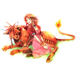 Rule 34 | 1990s (style), 1girl, :d, aerith gainsborough, animal, bracelet, brown hair, cropped jacket, dress, feathers, final fantasy, final fantasy vii, full body, green eyes, jewelry, kneeling, long dress, long hair, open mouth, pink dress, ponytail, red xiii, scar, shoes, sidelocks, smile, takanamushi, tattoo, v arms, very long hair, white background