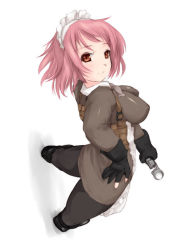 Rule 34 | 1girl, breasts, brown eyes, combat maid, from above, gloves, gun, hand on own hip, handgun, hip focus, impossible clothes, impossible shirt, large breasts, maid, nekohige, pantyhose, pink hair, shirt, short hair, solo, weapon
