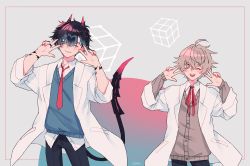 Rule 34 | 2boys, ahoge, alchemy stars, arm tattoo, black hair, black pants, blue eyes, blush, brown eyes, brown hair, cardigan, closed mouth, clothing cutout, collared shirt, double v, ear bar, fleur (alchemy stars), hair ornament, hairclip, hands up, highres, horns, jewelry, lab coat, long sleeves, male focus, multiple boys, navigator (alchemy stars), neck ribbon, necktie, one eye closed, open mouth, pants, red necktie, red ribbon, ribbon, ring, shirt, short sleeves, smile, sweater vest, tail, tail through clothes, tattoo, turing love, twitter username, upper body, uuu (0294u), v, white shirt