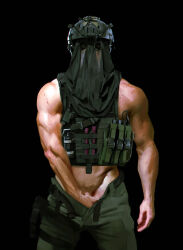 Rule 34 | 1boy, bara, black background, bulletproof vest, call of duty, call of duty: modern warfare 2, covered face, green pants, hand under clothes, helmet, highres, huntang513, konig (call of duty), male focus, mask, muscular, muscular male, open pants, pants, simple background, solo