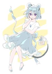 Rule 34 | 1girl, adapted costume, akagashi hagane, alternate eye color, animal ears, back bow, basket, bow, bracelet, casual, full body, grey footwear, grey hair, grey skirt, hand on own cheek, hand on own face, hand up, holding, holding with tail, jewelry, looking at viewer, mouse (animal), mouse ears, mouse tail, nazrin, pendant, prehensile tail, purple eyes, shirt, short hair, short sleeves, skirt, smile, tail, touhou, white shirt, yellow background