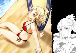 Rule 34 | 1girl, beach, bikini, blonde hair, bol (liliymimi), breasts, clarent (fate), cleavage, fate/apocrypha, fate/grand order, fate (series), green eyes, grin, halterneck, long hair, looking at viewer, mordred (fate), mordred (fate) (all), mordred (fate/apocrypha), mordred (swimsuit rider) (fate), mordred (swimsuit rider) (first ascension) (fate), navel, ponytail, red bikini, sand, side-tie bikini bottom, smile, solo, string bikini, surfboard, swimsuit, thighs