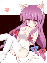 Rule 34 | 1girl, animal ears, bare shoulders, blush, bow, breast slip, breasts, cat ears, cat girl, cat tail, female focus, hair bow, kemonomimi mode, large breasts, long hair, nipples, one-piece swimsuit, one breast out, patchouli knowledge, purple eyes, purple hair, ry (yagoyago), school swimsuit, simple background, solo, swimsuit, tail, thighhighs, touhou, white hair, white one-piece swimsuit, white school swimsuit