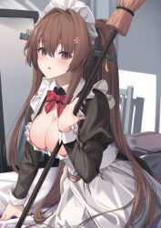 Rule 34 | 1girl, absurdres, alternate costume, apron, black dress, blush, breasts, broom, brown hair, commission, dress, flower, frilled apron, frills, hair flower, hair ornament, highres, kantai collection, kokenashi, large breasts, long hair, looking at viewer, maid, maid apron, maid headdress, ponytail, puffy sleeves, skeb commission, white apron, wrist cuffs, yamato (kancolle)