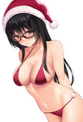 Rule 34 | 1girl, absurdres, arms behind back, bikini, black-framed eyewear, black hair, blush, breasts, brown eyes, cleavage, closed mouth, collarbone, fur-trimmed headwear, fur trim, glasses, halterneck, hat, highres, huyumitsu, long hair, looking at viewer, medium breasts, navel, o-ring, o-ring bikini, o-ring top, original, pom pom (clothes), red bikini, red hat, santa hat, simple background, skindentation, solo, standing, stomach, straight hair, swimsuit, white background