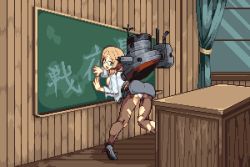 Rule 34 | 1girl, ass, bent over, breasts, brown pantyhose, cameltoe, chalkboard, curtains, epaulettes, glasses, high heels, indoors, kantai collection, katori (kancolle), light brown hair, long sleeves, lowres, open mouth, pantyhose, pixel art, rigging, solo, torn clothes, torn pantyhose, warabin (suteki denpun), window