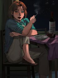 Rule 34 | 1girl, alcohol, borderline7839, bottle, bowl, brown pants, chair, chopsticks, cigarette, cup, drinking glass, family guy, green shirt, highres, holding, holding cigarette, indoors, lois griffin, looking at viewer, night, night sky, orange hair, pants, red lips, red shirt, shirt, sitting, sky, smoke, solo, table, window, wine, wine bottle, wine glass