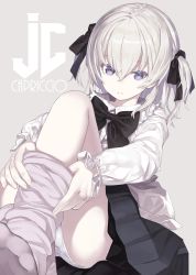 Rule 34 | 1girl, absurdres, artist name, black bow, black skirt, bow, capriccio, commentary, fingernails, grey background, hair between eyes, hair bow, highres, long hair, long sleeves, mashiro icone, original, pale skin, panties, parted lips, pink legwear, pleated skirt, purple eyes, shirt, silver hair, simple background, sitting, skirt, solo, thighhighs pull, two side up, underwear, white panties, white shirt